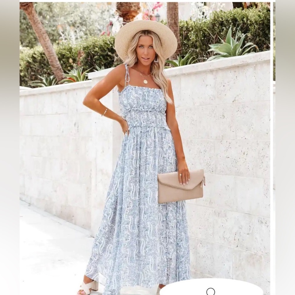 Vici Light Blue Paisley Tie-Strap Maxi Dress